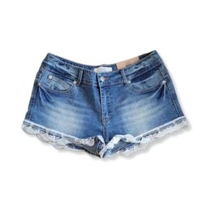 A Taille Basse Jean Shorts Blue Distressed Denim Lace Hem Low Rise Size 9 NEW - Picture 1 of 9