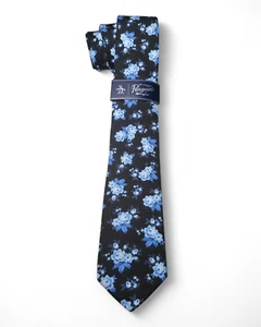 NWT ORIGINAL PENGUIN Men's Dogwood Floral Cotton Woven Skinny Tie Black Blue - Picture 1 of 8