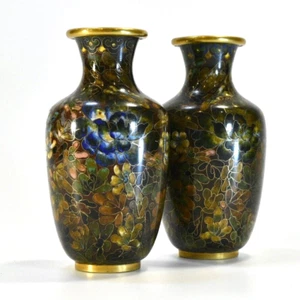 Kleine braune Blumen Cloisonne Vase Paar 6 Zoll groß - Bild 1 von 13
