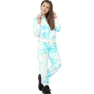 Kids Girls Tracksuit Tie Dye Print Blue Hooded Hoodie & Bottom Jogging Suits - Picture 1 of 10