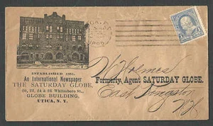 DATED 1895 COVER UTICA NY THE SATURDAY GLOBE NEWSPAPER 1c BLUE ON DROP MAIL RATE - Picture 1 of 1