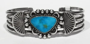 RARE OLD Pawn 1930s Navajo Blue Gem Turquoise 925 Silver Sunrays Bracelet 6 1/4" - Bild 1 von 8
