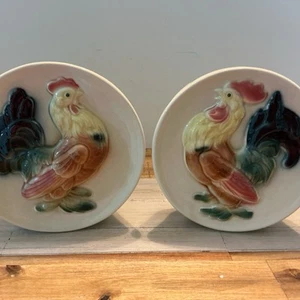 Royal Copley Pair Of Rooster and Chicken Wall Pocket Stand Planters 6 1/2” Round - Picture 1 of 13