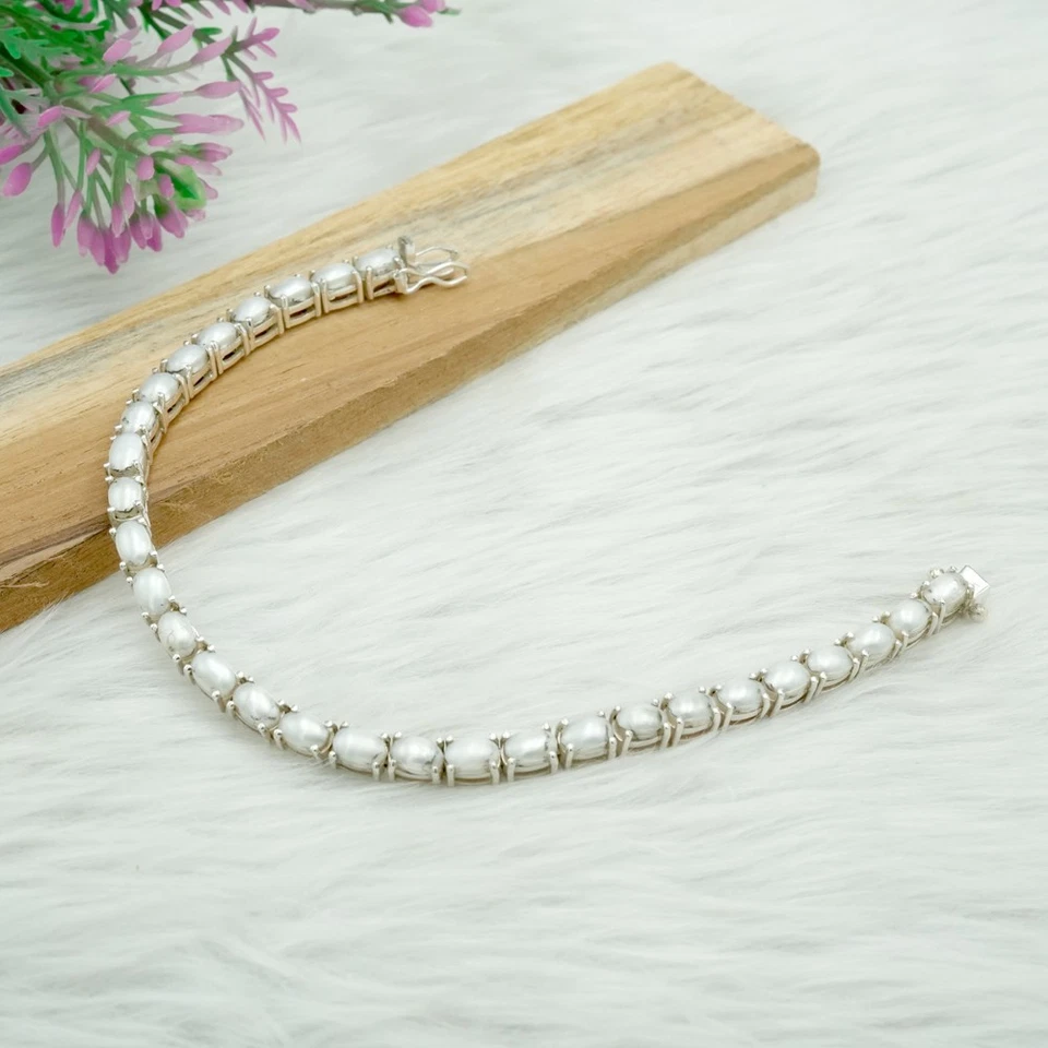 Pulseira de tênis de pérola natural 925 prata esterlina pulseira feita à mão - Imagem 1 de 4