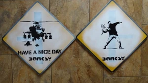 Two stencil spray painted metal street/road signs Banksy style - Picture 1 of 8