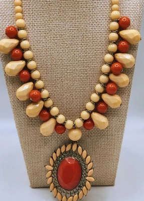 Chunky Coral Orange Bead Statement Necklace Silver Tone Cabocho Pendant Boho  - Image 1 of 4