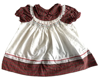 Vestido xadrez vermelho vintage década de 1970 Polly Flinders manchado à mão menina 24M meses - Imagem 1 de 4