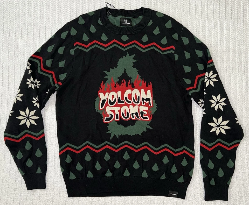 NWT VOLCOM STONE HOLI-DAZED Ugly Christmas Black Sweater Mens MD 21” X 28” - Image 1 of 4