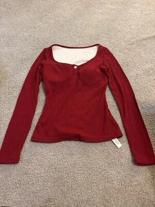 OGL Red burgundy Mid Thermal V Neck Ruched Side Long Sleeve Brami Top Women S - Picture 1 of 3