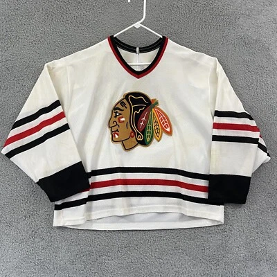 Camiseta deportiva vintage de los Chicago Blackhawks L hockey cosida años 80 CCM máscara deporte EE. UU. Foto 1 de 4