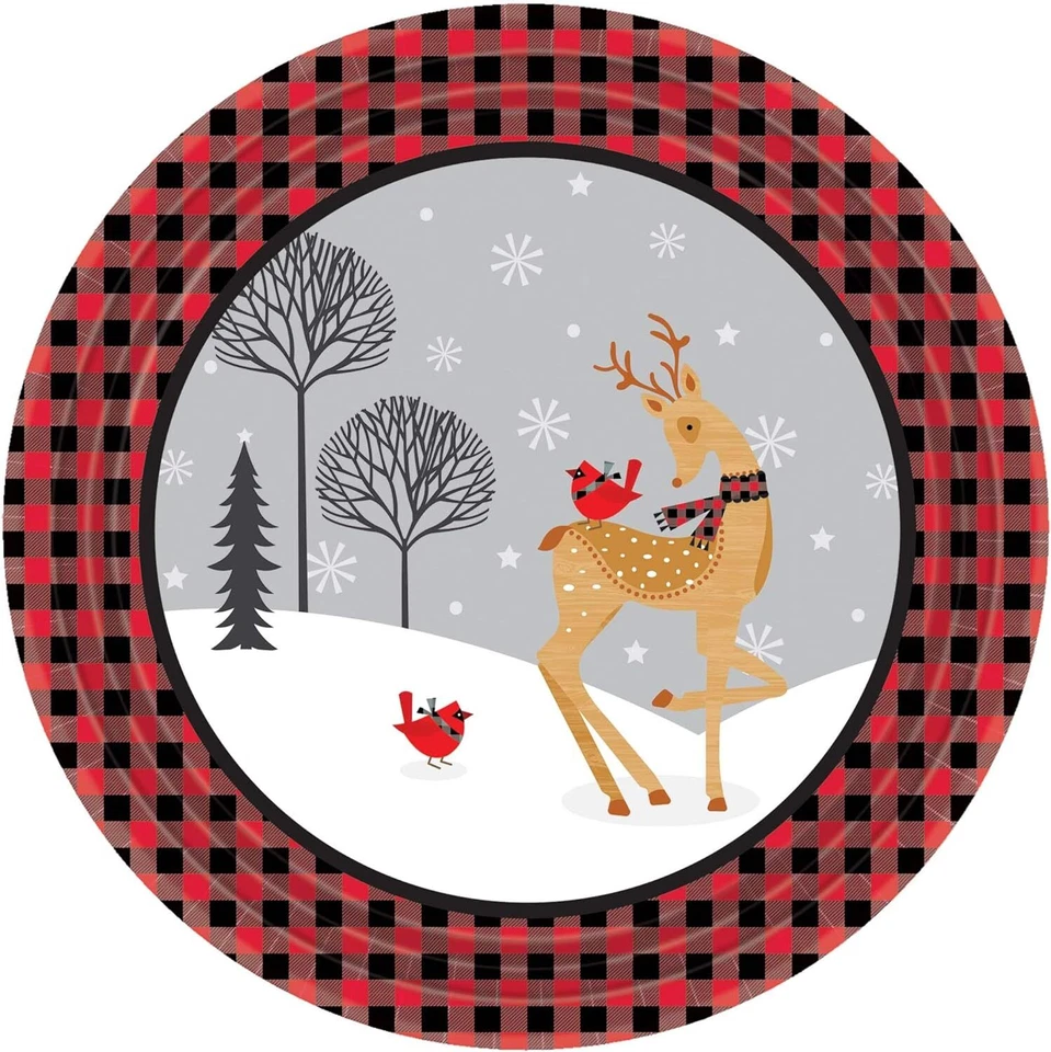 Winter Plaid Red Black Christmas Holiday Party 9" Paper Dinner Plates - Image 1 of 1