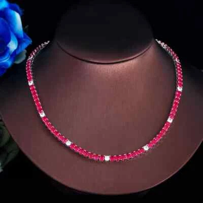 13 Ct Round Simulated Ruby Women's Fancy Tennis Necklace 14k White Gold Plated - Image 1 of 4