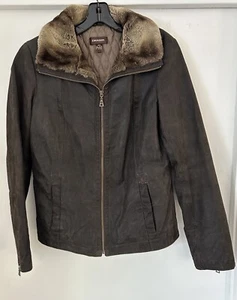 Danier Genuine Raw Leather Faux Fur Collar Waist Jacket Dark Brown Women’s Med - Picture 1 of 9