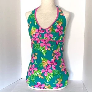 SO Halter Top Tankini Swimsuit Juniors Sz L Floral Pink Green Tropical Print - Picture 1 of 12