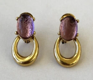 Vintage Monet Signed Dangle Clip Earrings Purple Violet Crystal Gold Tone - Picture 1 of 5