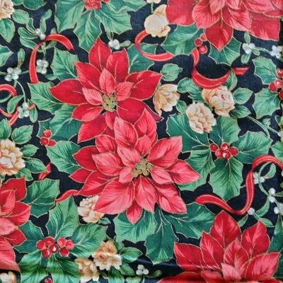 Christmas Poinsettia Fabric Cranston Print Works Home Red Black Green Gold 3' 56 - Image 1 of 4