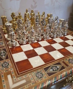 Medieval British Chess Set – Handmade Metal Pieces & Inlaid Wood Board 14.2" 🎁 - Picture 1 of 12