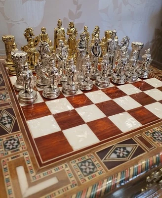 Medieval British Chess Set – Handmade Metal Pieces & Inlaid Wood Board 14.2" 🎁 - Image 1 of 4