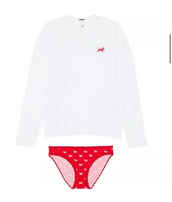 PINK Victorias Secret Blanco y Rojo Manga Larga Top A Juego Panty Para Mujer Talla S Foto 1 de 4
