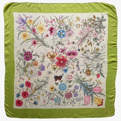 Vintage 90s Gucci Accornero Floral & Insect Print Green Silk Scarf, Shawl Retro - Image 1 of 4