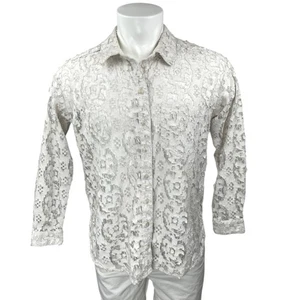 Urban Outfitters Mens White Floral Lace Long Sleeve Button Down Shirt Top Size S - Picture 1 of 4