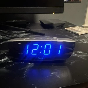 Blue LED Large Display Digital Desktop Alarm Clock Black & Silver, Equity 75903 - Picture 1 of 2
