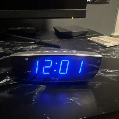 Blue LED Large Display Digital Desktop Alarm Clock Black & Silver, Equity 75903 - Image 1 of 2