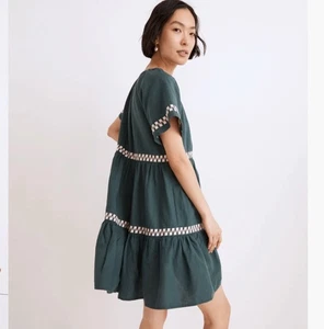 MADEWELL Mini Abito Medio Ricamato Misto Lino Svolazzante Manica Verde - Foto 1 di 9