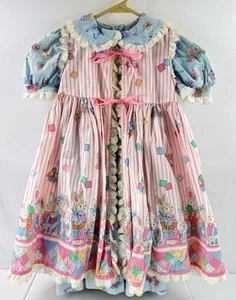 Vintage Daisy Kingdom Easter Bunny Pinafore 2 Piece Floral Dress Girls Toddler - Picture 1 of 21