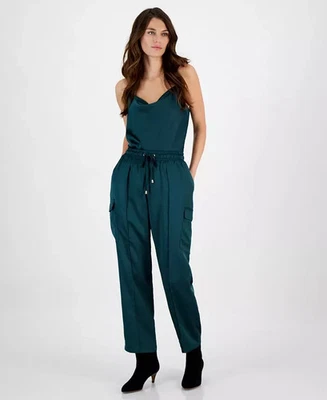 Tahari ASL Women's High Rise Drawstring-Waist Cargo Pants Dark Emerald Green 14 - Image 1 of 4