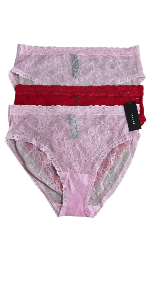 Natori 女式均码套装 3 蕾丝比基尼内裤舒适弹力红色粉红色新品 — 第 1/1 张图片