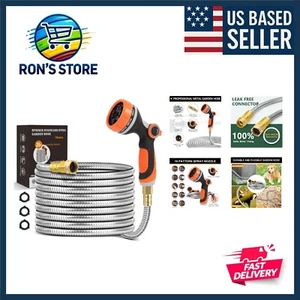 25ft Heavy Duty Stainless Steel Garden Hose with 10-Function Nozzle & Leak-Pr... - Picture 1 of 9