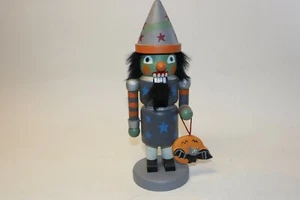 Vintage 10 Zoll groß Halloween Nussknacker grau Hexe grün Gesicht halten Fledermäuse - Bild 1 von 7