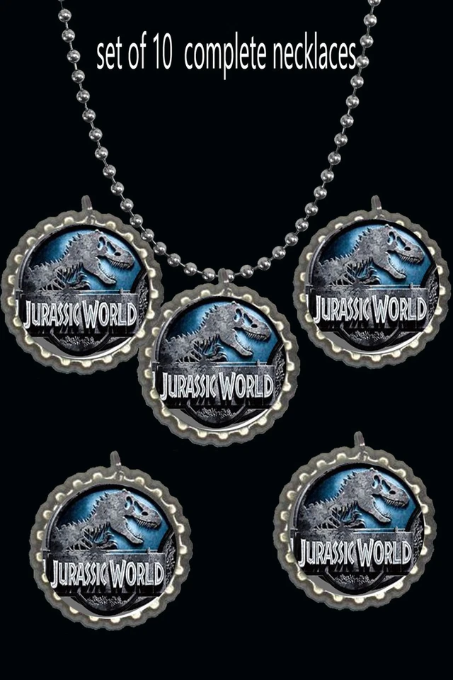Jurassic World Park Botella Tapa Collar Cumpleaños Fiesta Favores Lote 10 Collares Foto 1 de 1