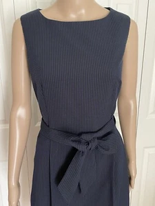 Anne Klein 10 Blue Black Striped Seersucker Tie Belted Pleated Sleeveless Dress - Picture 1 of 13