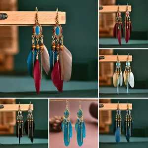 Retro Tassel Feather Earrings Ear Drop Long Oil Dripping Bohemian Jewelry Gifts~ - Picture 1 of 19