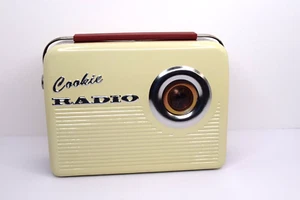 Retro Style Cookie Radio Metal Collectable Lunch Box Tan & Brown - Picture 1 of 10