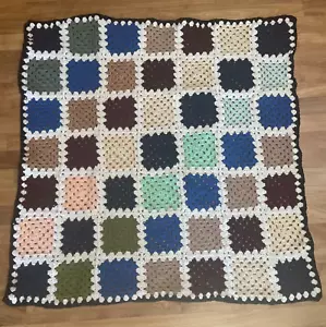 VTG 70s Hand Crocheted 35x35” Granny Square Lap Baby Blanket Afghan 49 Squares - Picture 1 of 16