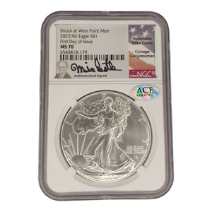 2022 (W) SILVER EAGLE NGC MS70 FIRST DAY ISSUE MIKE CASTLE SIGNED LABEL 2B - Picture 1 of 2