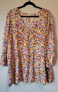 Cato Size 22 24 Floral Bohemian Ruffle Blouse Bell Sleeve Festival Boho Office - Picture 1 of 9