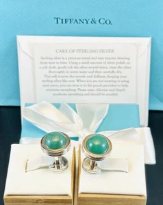 Tiffany & Co Paloma Picasso Green AVENTURINE BARBELL Cufflinks, Sterling Silver - Picture 1 of 17