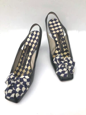 VTG 60s /70s Mod Charles Jourdan Paris Navy Patent bow slingback heels pumps 7B - Image 1 of 4