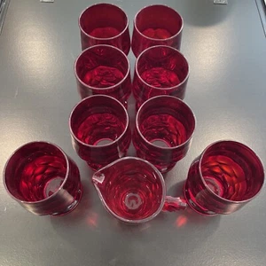 Set Of 8 Georgian Ruby Glasses & Pitcher By Anchor Hocking 4" 8 oz ~ MCM VTG - Picture 1 of 6