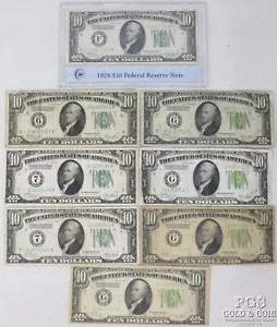 (8)1928 $10 Federal Reserve Notes/Gold Certificates including Low Serial 25741 - Picture 1 of 7