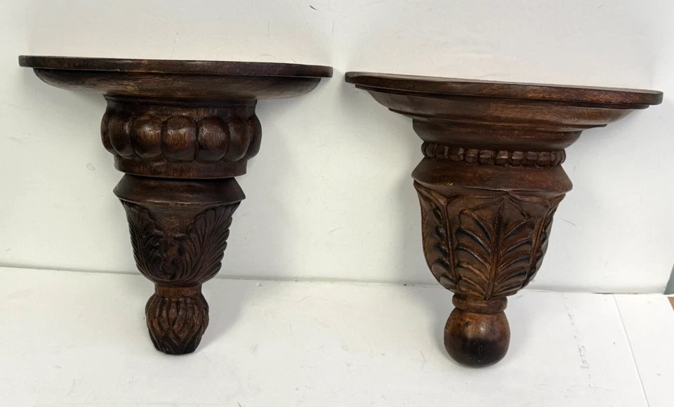 x2 Apliques Grandes Estantes de Pared Tallados a Mano Madera Maciza Hecho en Tailandia 14" H Foto 1 de 4