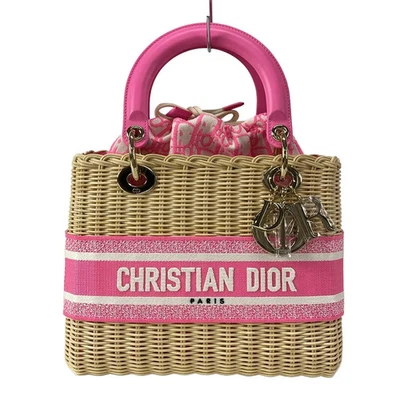 Auth DIOR/ChristianDior Lady Dior Medium Bag Beige Pink White Rattan Canvas - Image 1 of 4