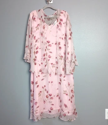 Dressbarn Woman 20W 100% Silk Pink Floral Beaded Dress & Sheer Ruffle Jacket - Image 1 of 4