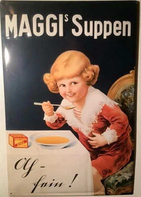 Blech Werbetafel 39x59 cm, „Maggi‘s Suppen“, „Ah Fein!“, Retro, erhobene Formen - Bild 1 von 2