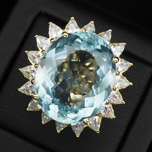 Precious Icy Blue Aquamarine 24.25Ct 925 Sterling Silver 24K Gold Plated Rings - Picture 1 of 9