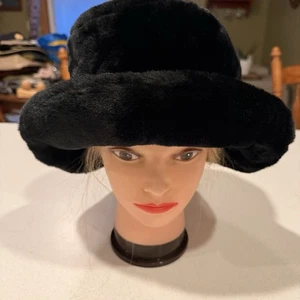 Liz Claiborne Wide Brim Fur/Fluffy Bucket Hat Black Silk Inside - Picture 1 of 7